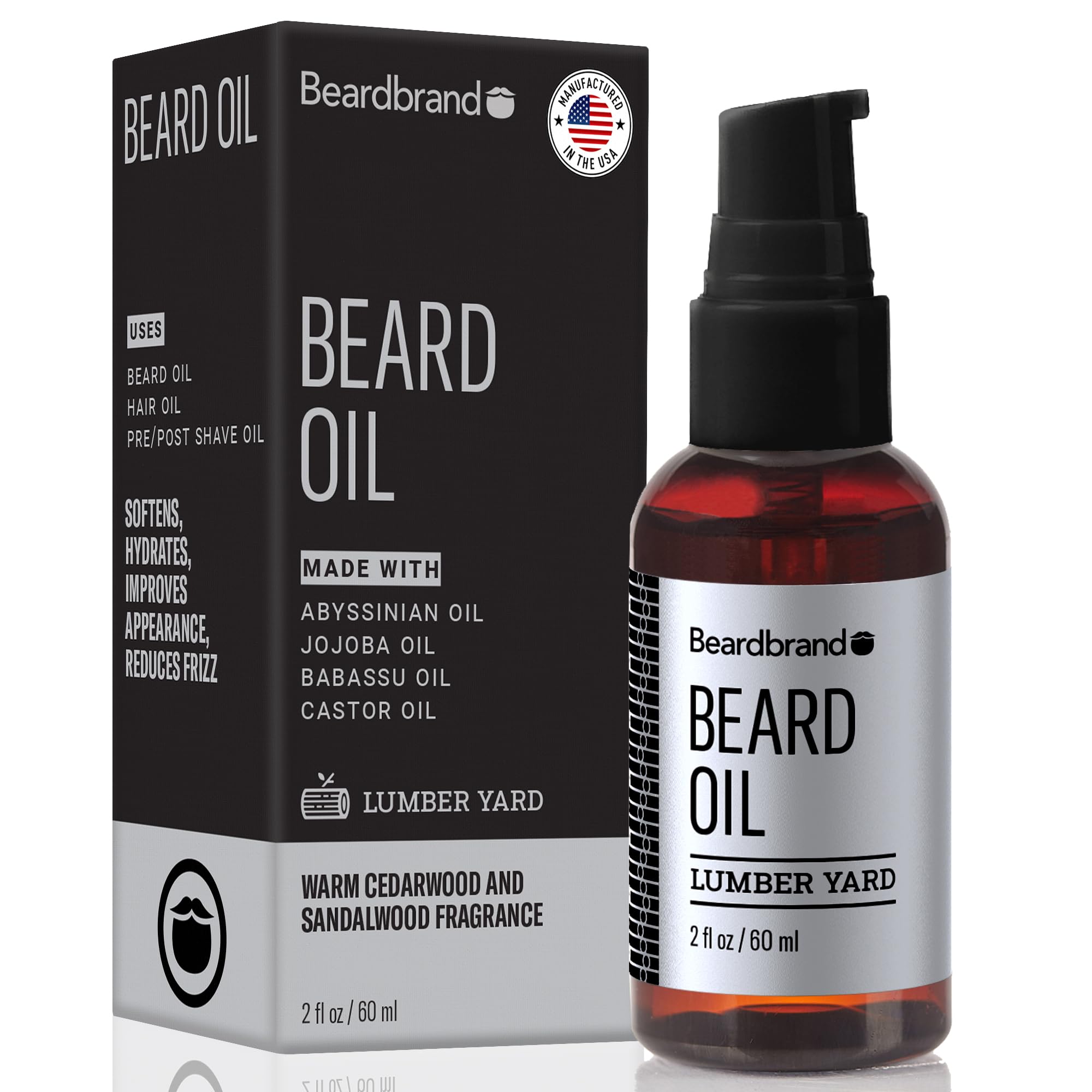 Beardbrand bottle front view showing Lumber Yard scent and clear label benefit