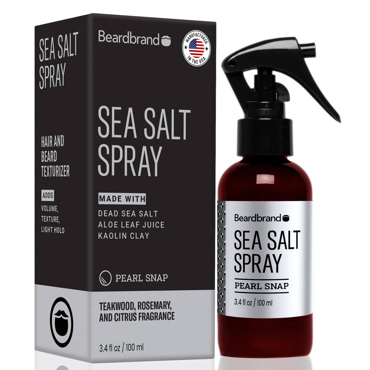 Beardbrand front packaging shows Pearl Snap sea salt spray for quick styling