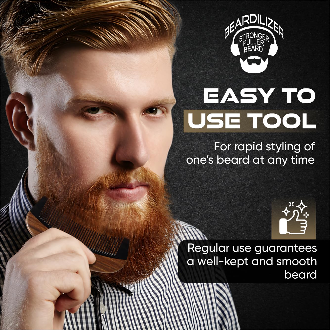 Beardilizer comb with carrying pouch beside a wallet showing pocket-friendly size