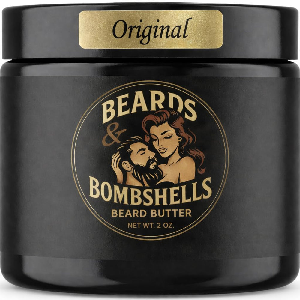 Beards & Bombshells jar front view showing product and branding benefits
