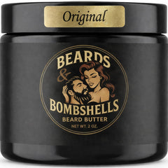 Beards & Bombshells jar front view showing product and branding benefits