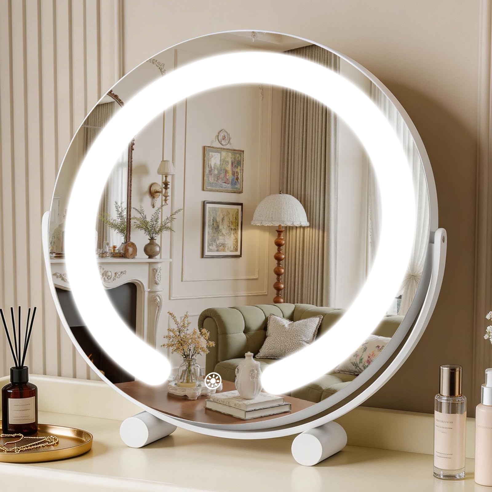 Bearolve front view of vanity mirror showing clean reflection and bright lighting benefit