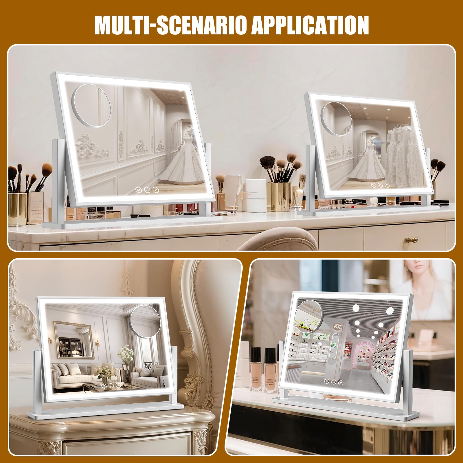 Bearolve mirror on a bedroom vanity in lifestyle scene to inspire décor and functionality benefit