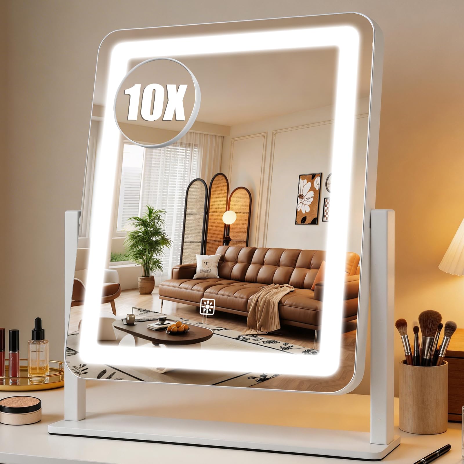 Bearvolve vanity mirror front view showing full LED-lit surface and clear reflection benefit