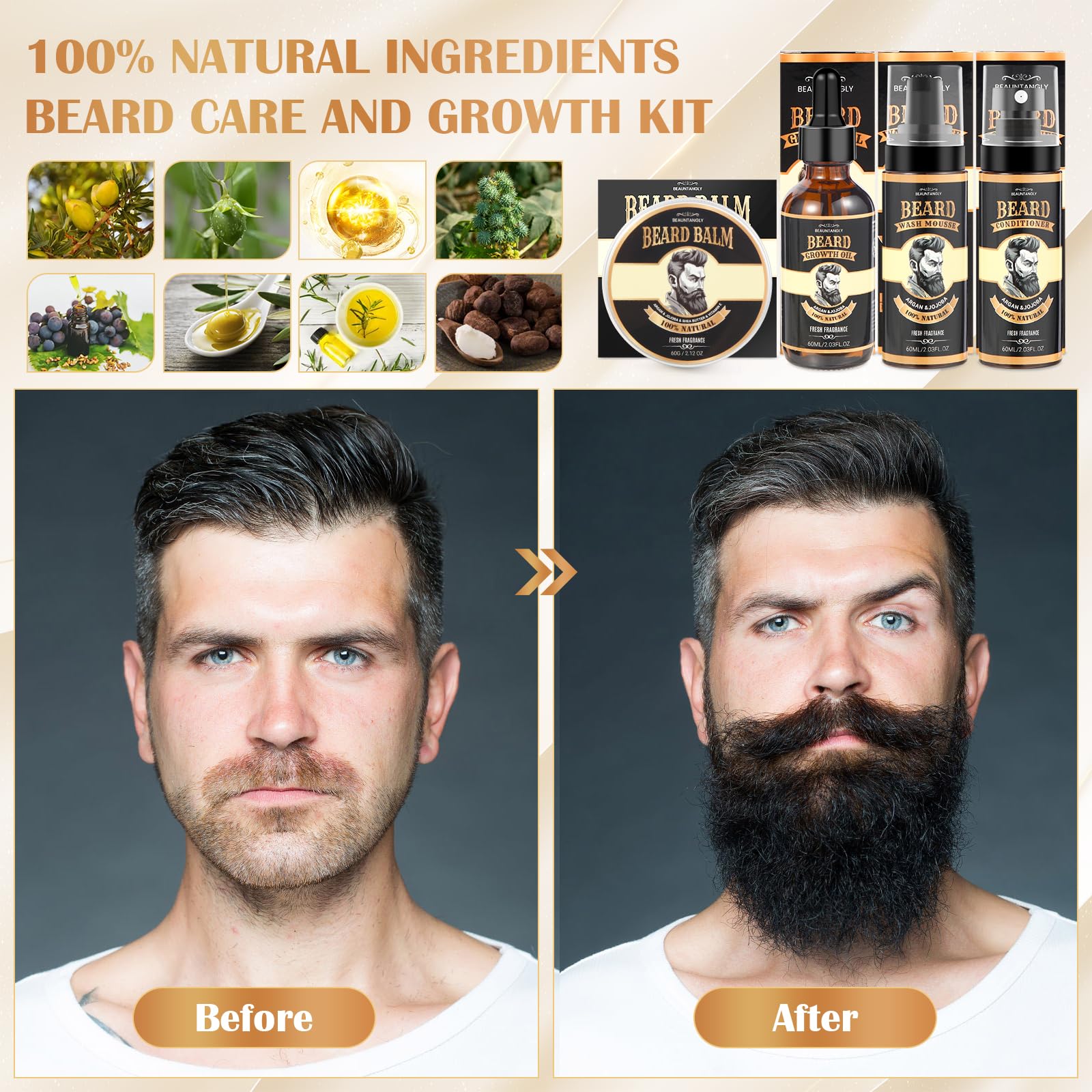 Beauntangly beard oil bottle close-up highlighting dropper and nourishing formula