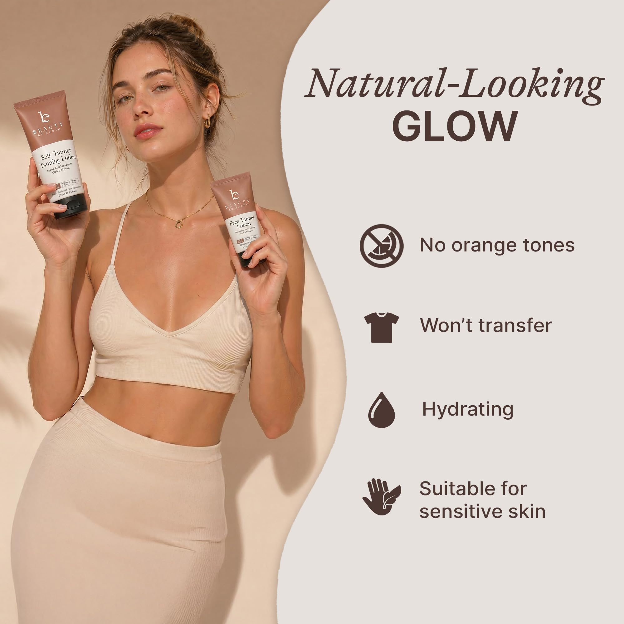 Beauty by Earth applying lotion on arm for streak-free coverage
