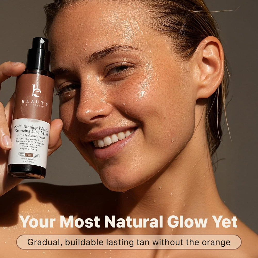 Beauty by Earth before and after split-face showing natural buildable tan benefit