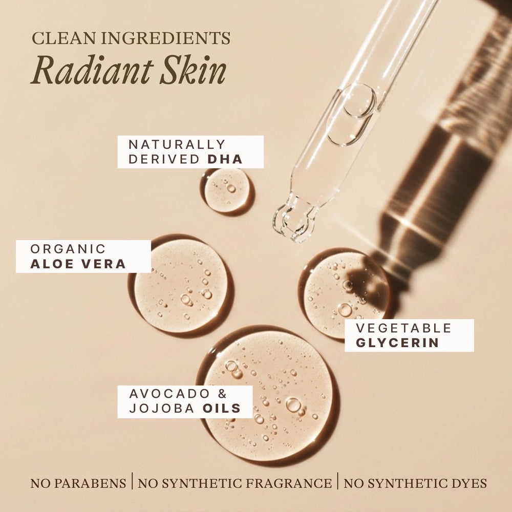 Beauty by Earth face application in mirror for subtle, natural-looking tan