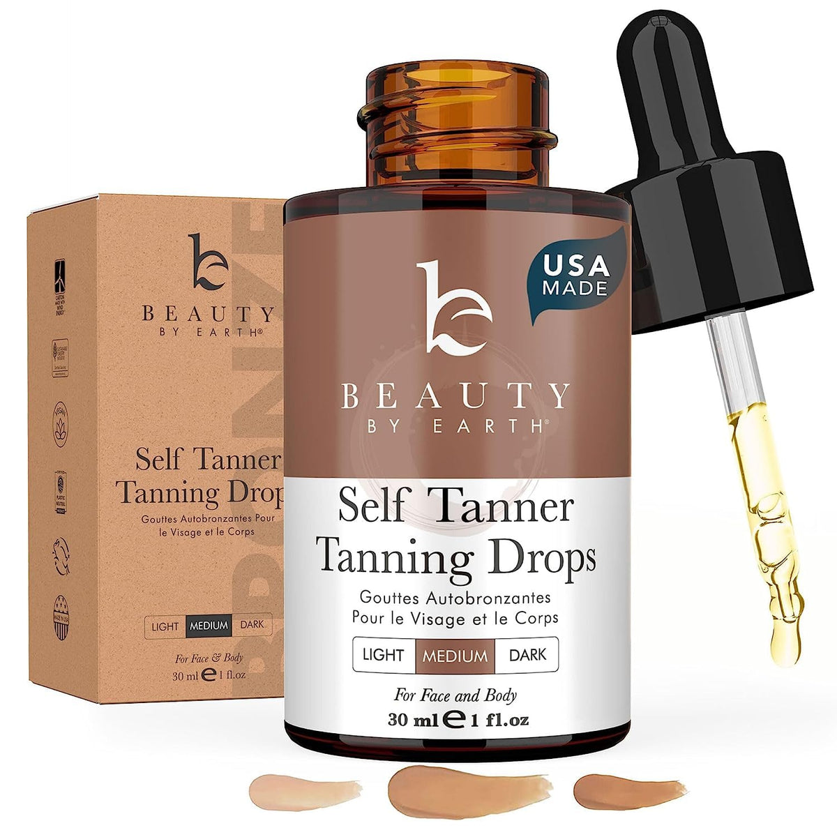 Beauty by Earth front packaging showing clean-label benefits and natural tanning drops