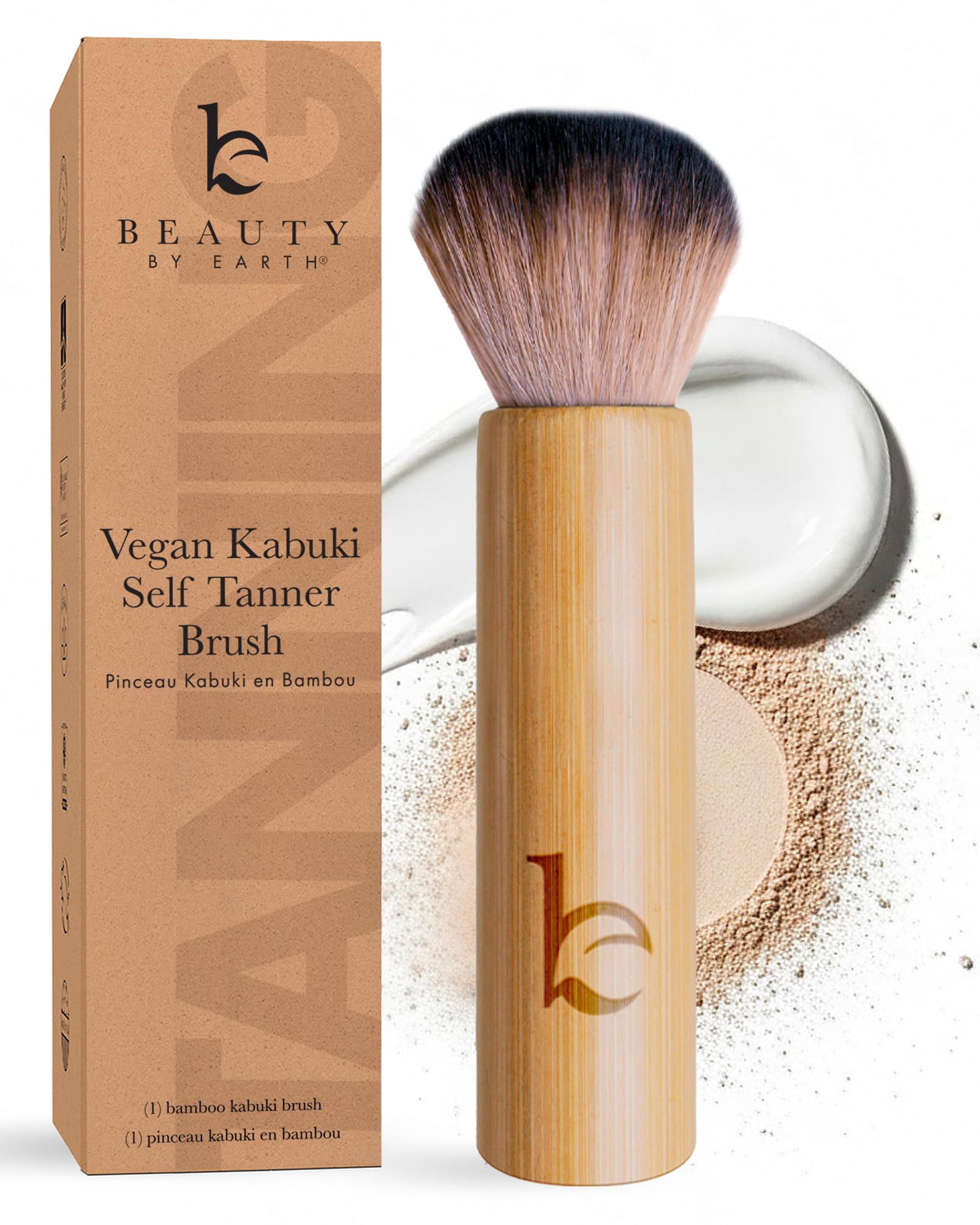 Beauty by Earth kabuki brush front packaging showing compact design benefit