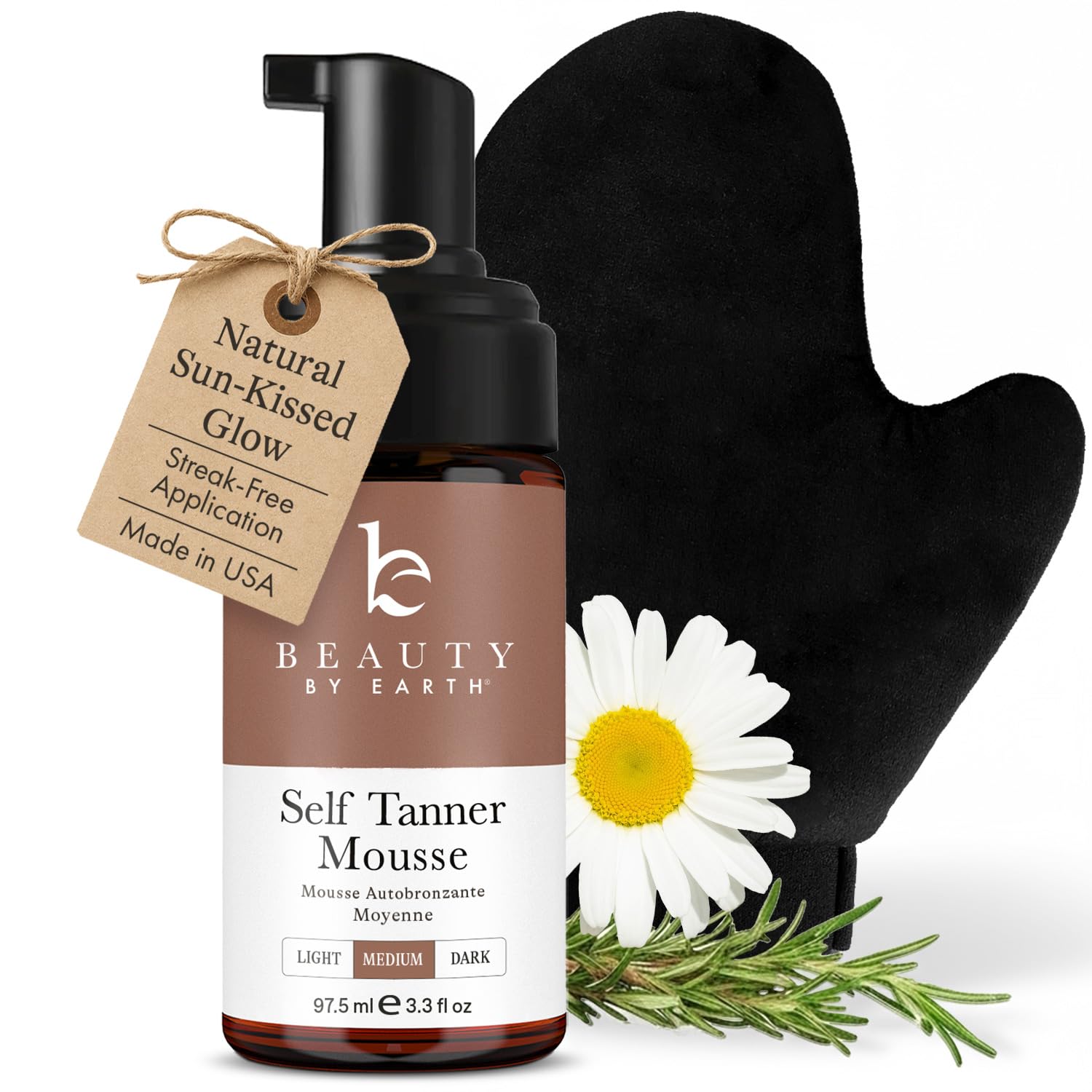 Beauty by Earth front packaging showing mousse kit and mitt benefits quick, clean application