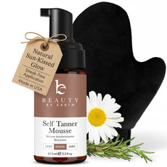 Beauty by Earth front packaging showing mousse kit and mitt benefits quick, clean application
