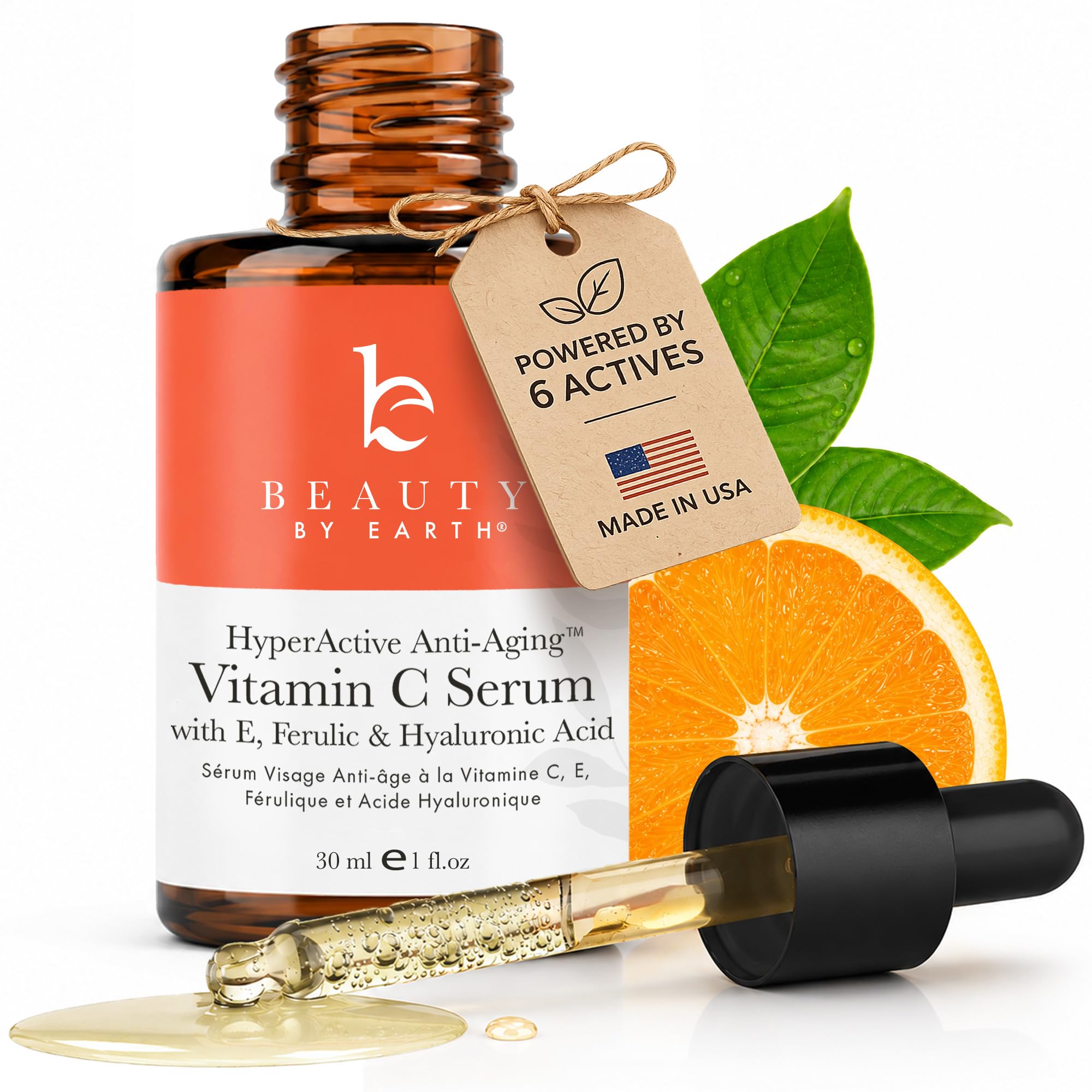 Beauty by Earth front bottle view showing clean organic vitamin C serum packaging and branding benefit