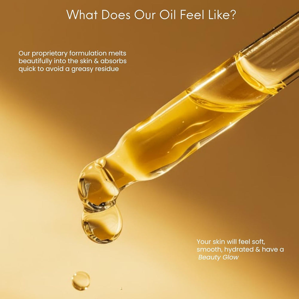 Beauty Glow applying oil to forehead showing hydrated, dewy skin finish