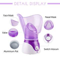 BeauTy Nymph in-use on bathroom counter delivering warm steam for pore care