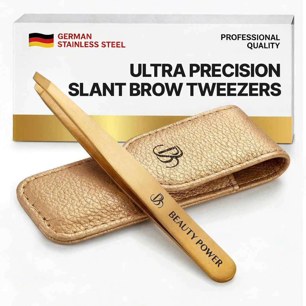 Beauty Power gold tweezers front view showing sleek design and professional benefit