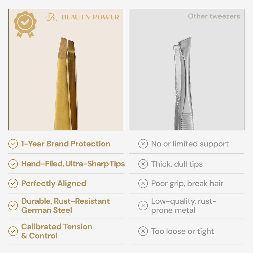 Beauty Power tweezers held in a hand showing size and scale for control benefit