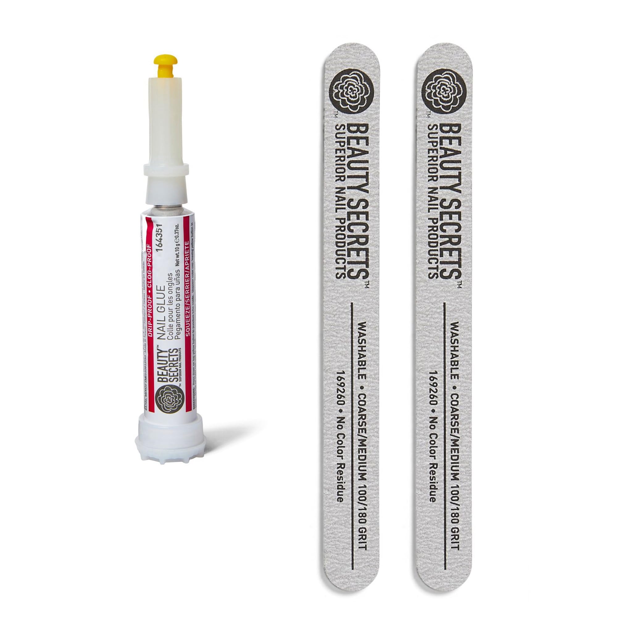 Beauty Secrets glue bottle front label showing product name and benefits