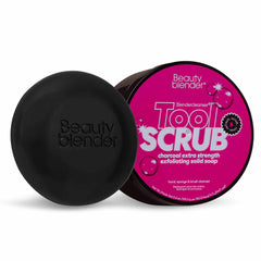 beautyblender front packaging of charcoal solid cleanser showing compact puck benefit: travel-friendly