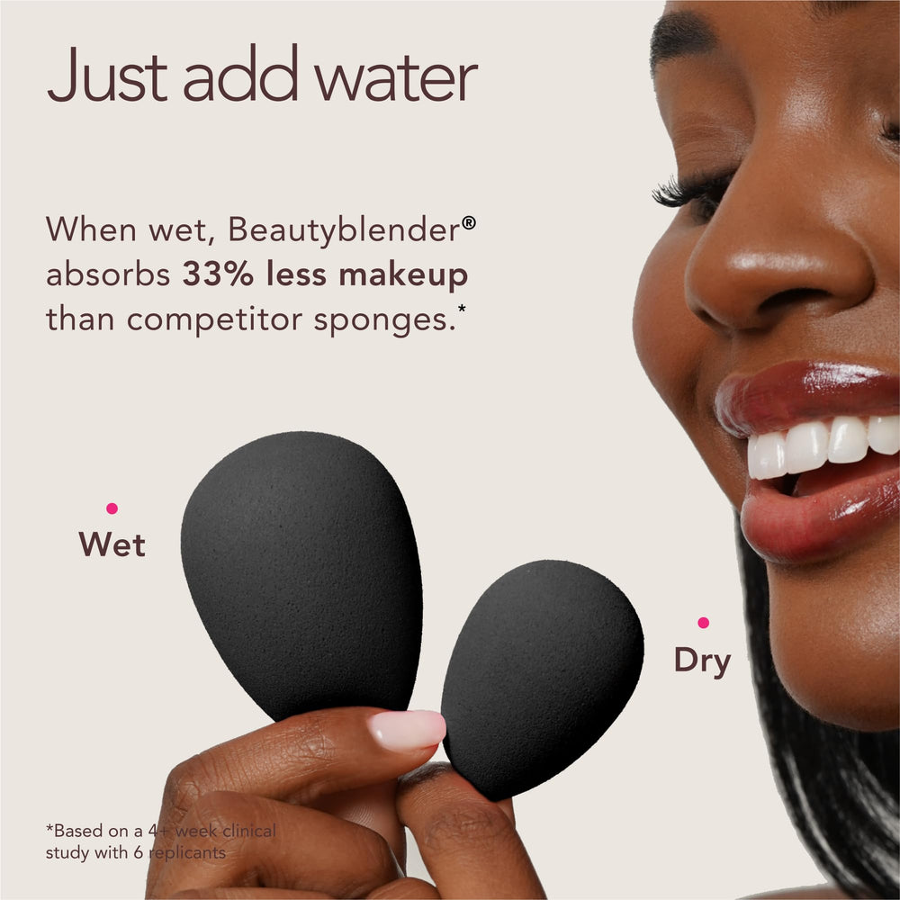 beautyblender in use pressing foundation for streak-free airbrushed look