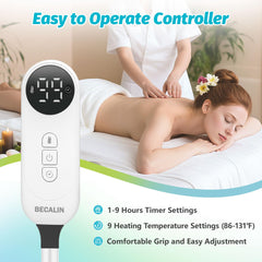 BECALIN digital controller closeup displaying heat level and timer benefits