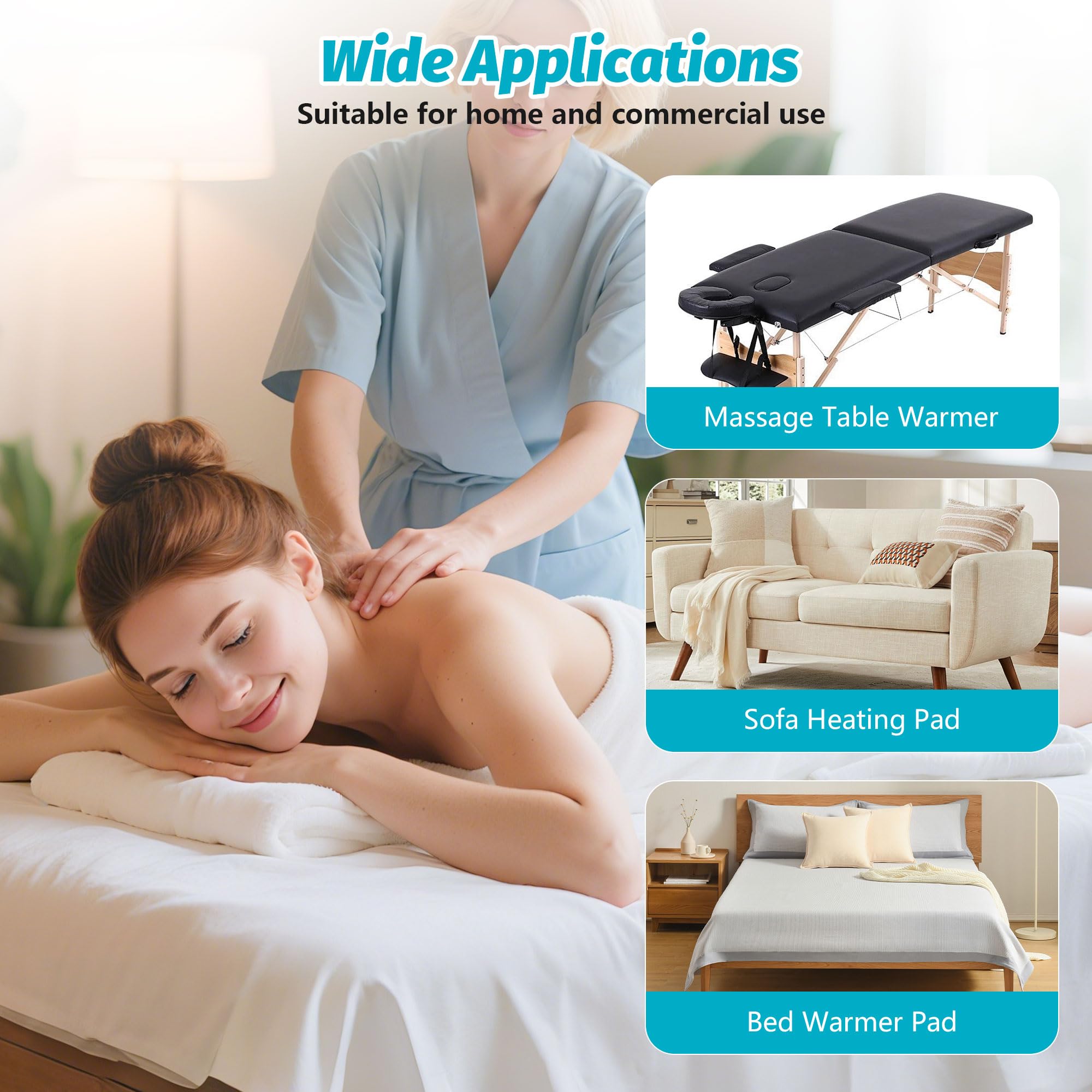 BECALIN warming pad placed on a massage table in a calming spa setting