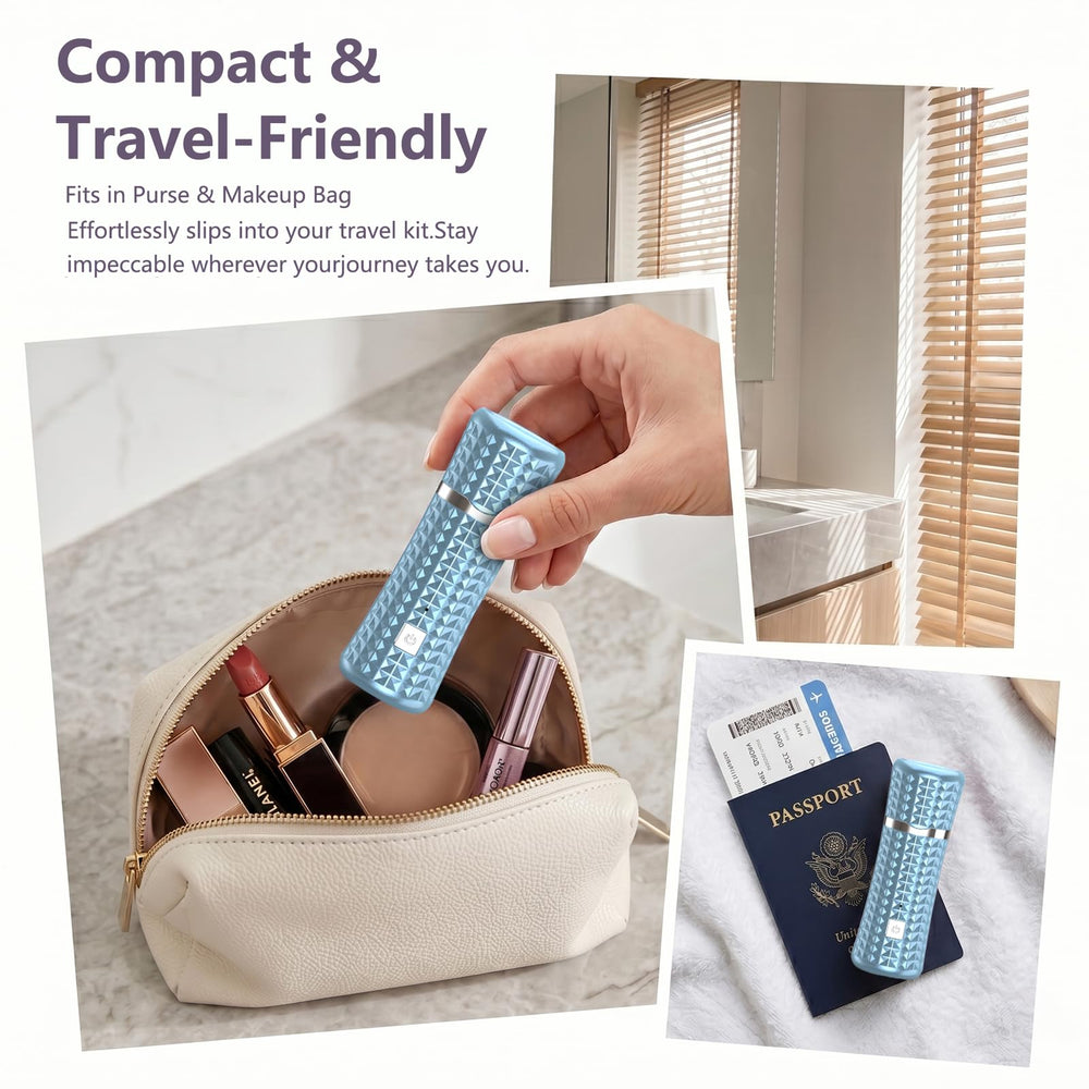 Beclerpur device held in hand to show size slightly larger than lipstick for portability