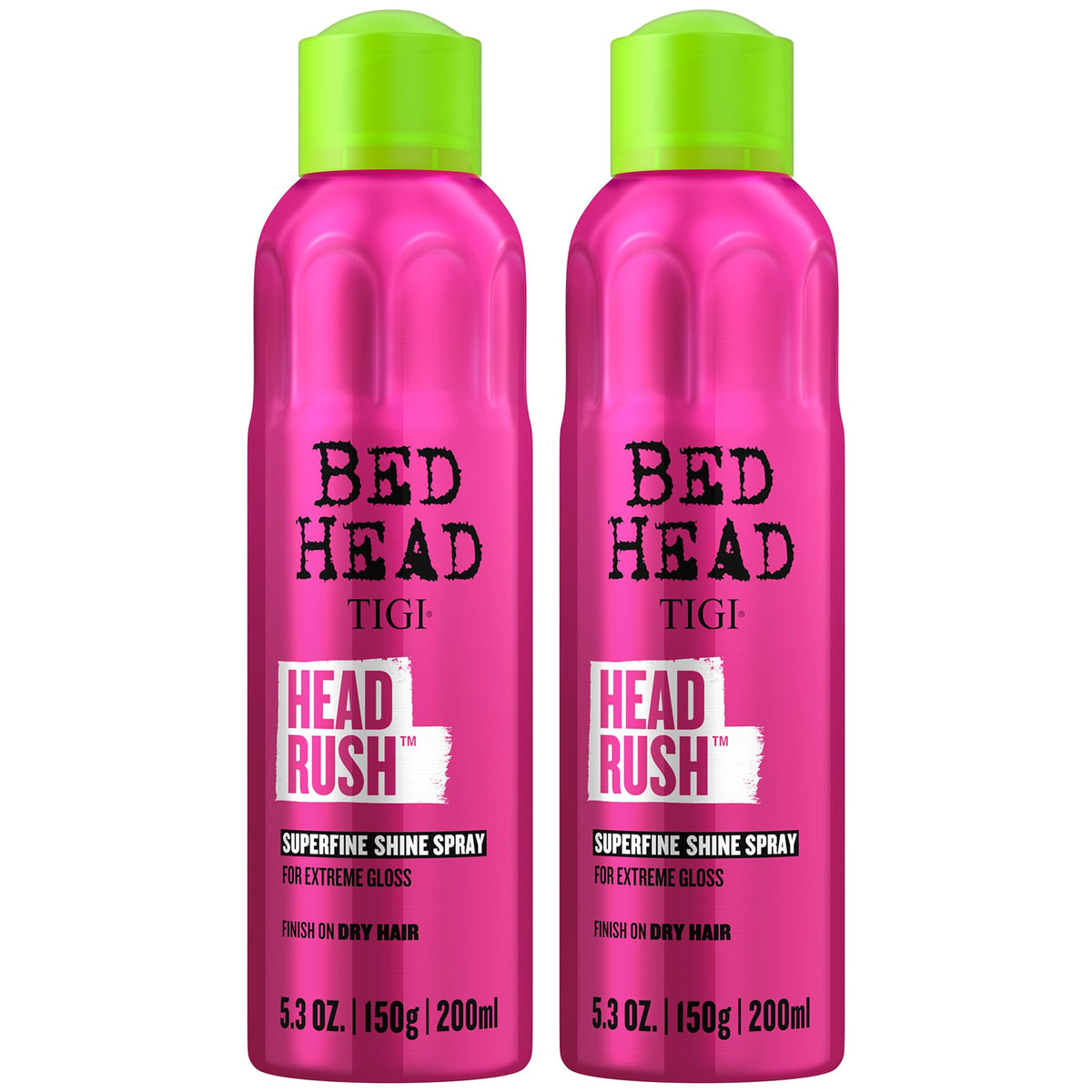 Bed Head bottle front packaging showing label and glossy finish benefit