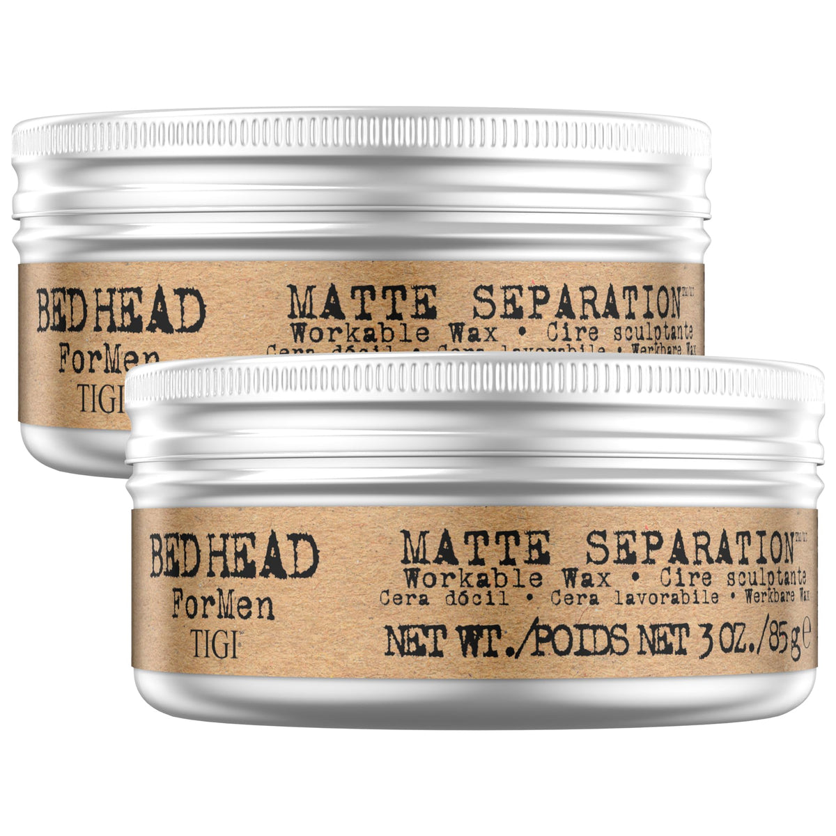 Bed Head matte separation front packaging showing twin 3 oz tubs for travel convenience