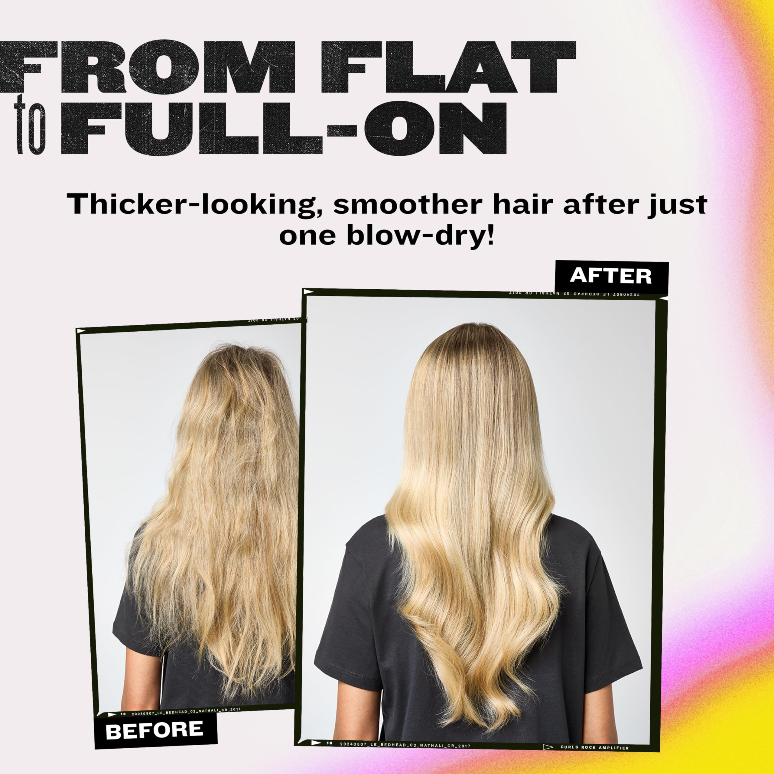 Applying Bed Head Small Talk to towel-dried hair for volume and heat protection