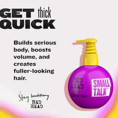 Close-up of Bed Head Small Talk tube cap and label highlighting usage details
