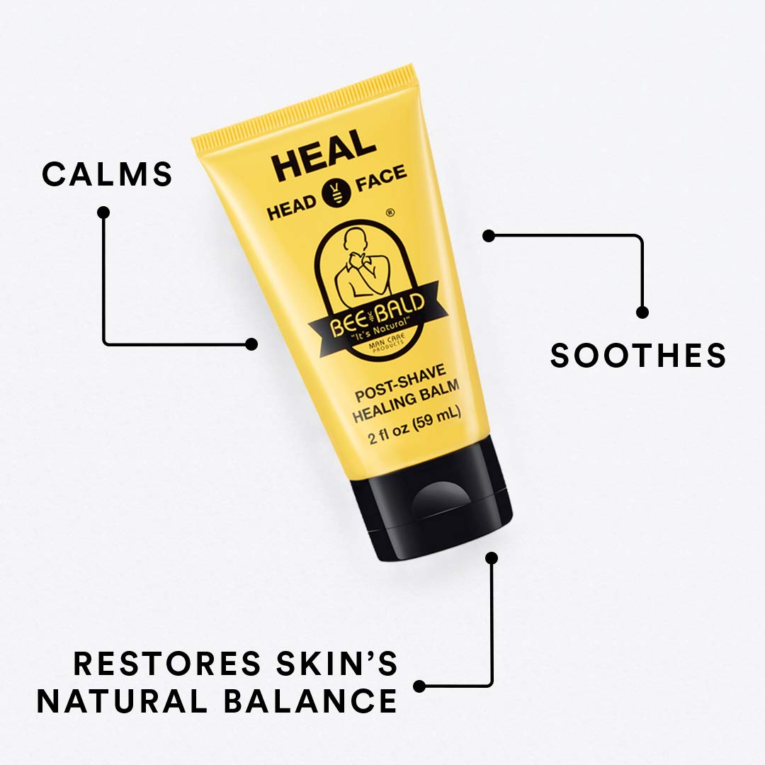Bee Bald HEAL on bathroom shelf suggesting everyday grooming routine