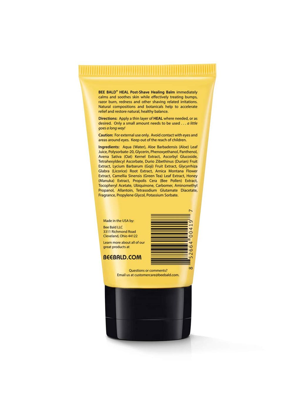 Bee Bald HEAL ingredients label closeup showing natural botanicals