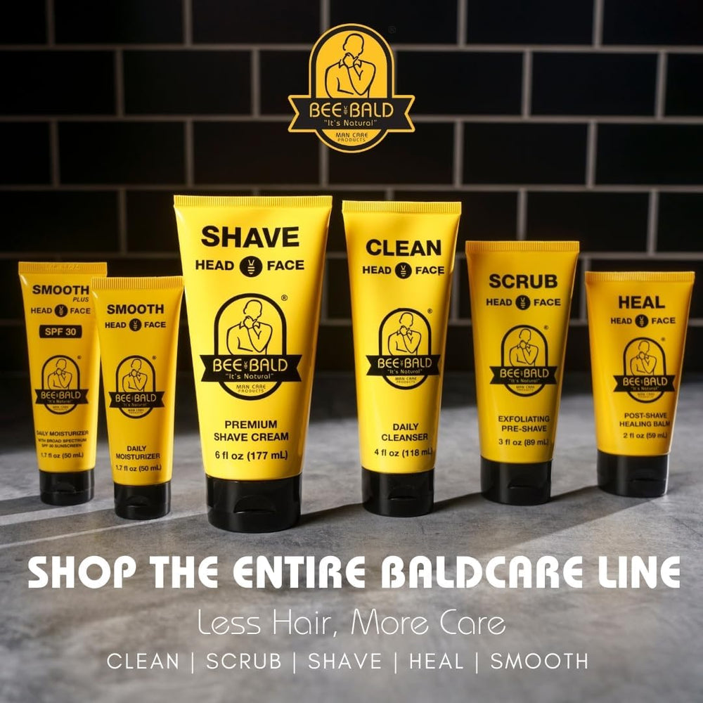 Bee Bald lifestyle on bathroom vanity suggesting daily grooming convenience benefit