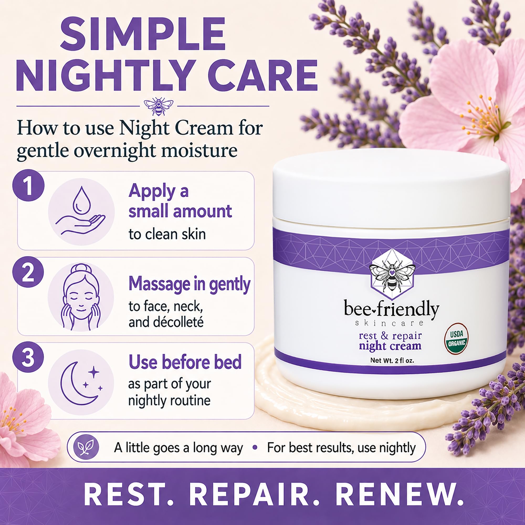 Applying BeeFriendly to décolleté in lifestyle shot illustrating smoothing benefit