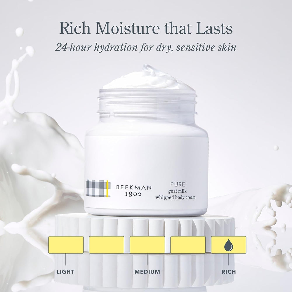 Beekman 1802 ingredient flatlay with goat milk and butters showing nourishing components