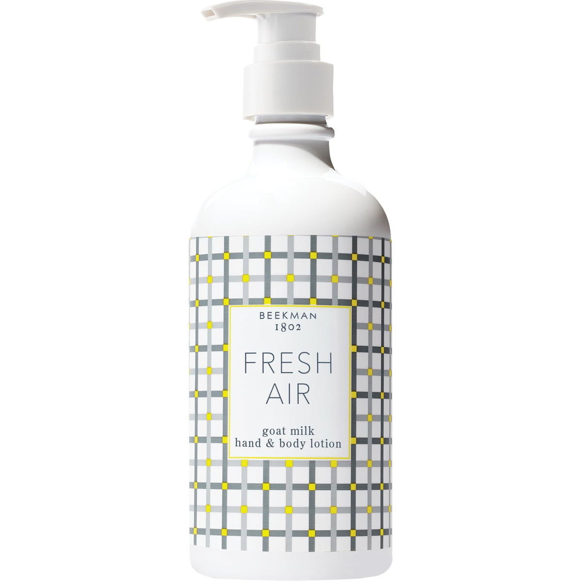 Beekman 1802 front bottle showing Fresh Air lotion, easy-grip packaging and everyday hydration