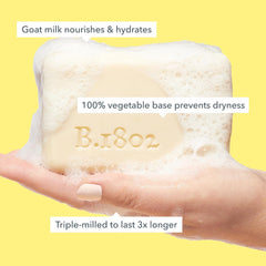 Beekman 1802 creamy lather close-up, demonstrates rich moisturizing foam
