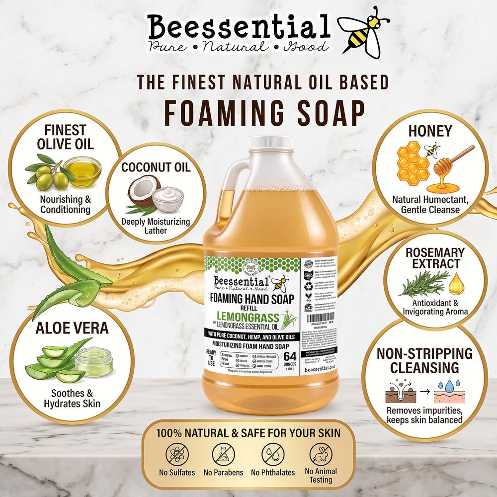 Side view of Beessential 64 oz bottle highlighting ingredient list and seal