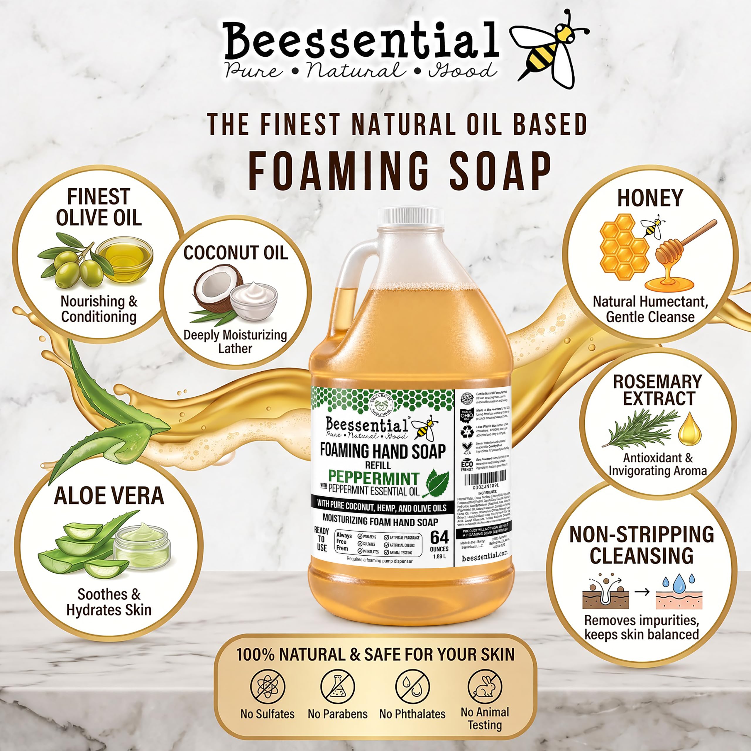Beessential in kitchen setting showing peppermint soap for daily handwashing