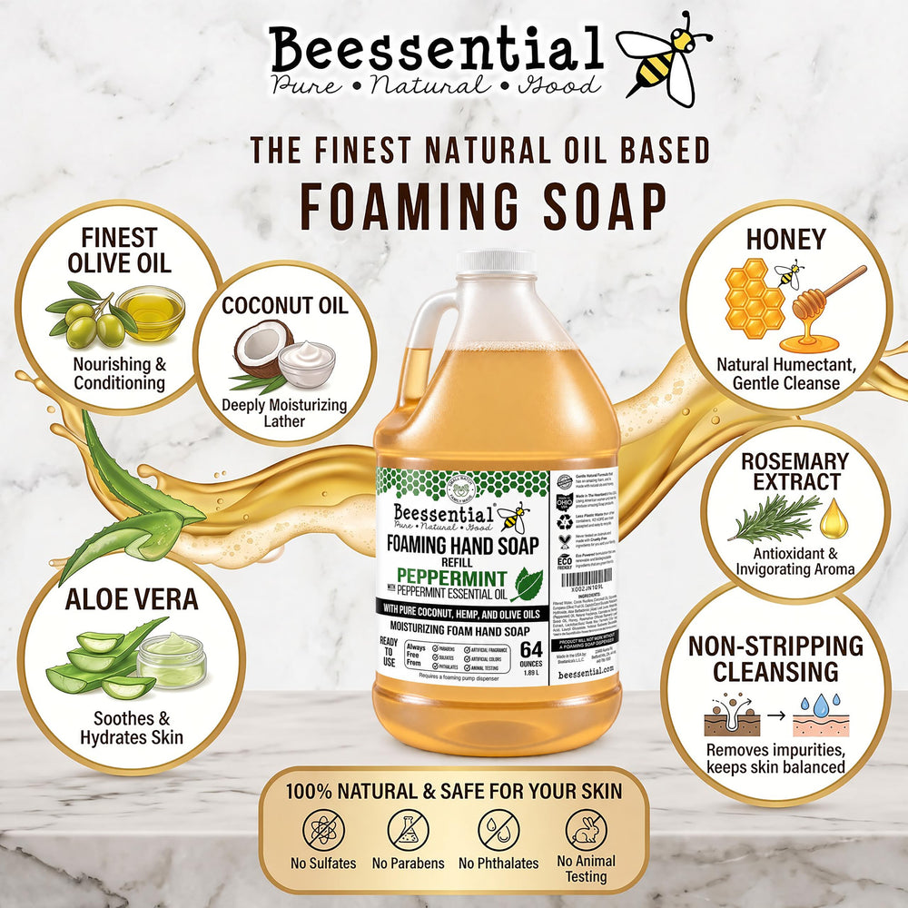 Beessential in kitchen setting showing peppermint soap for daily handwashing