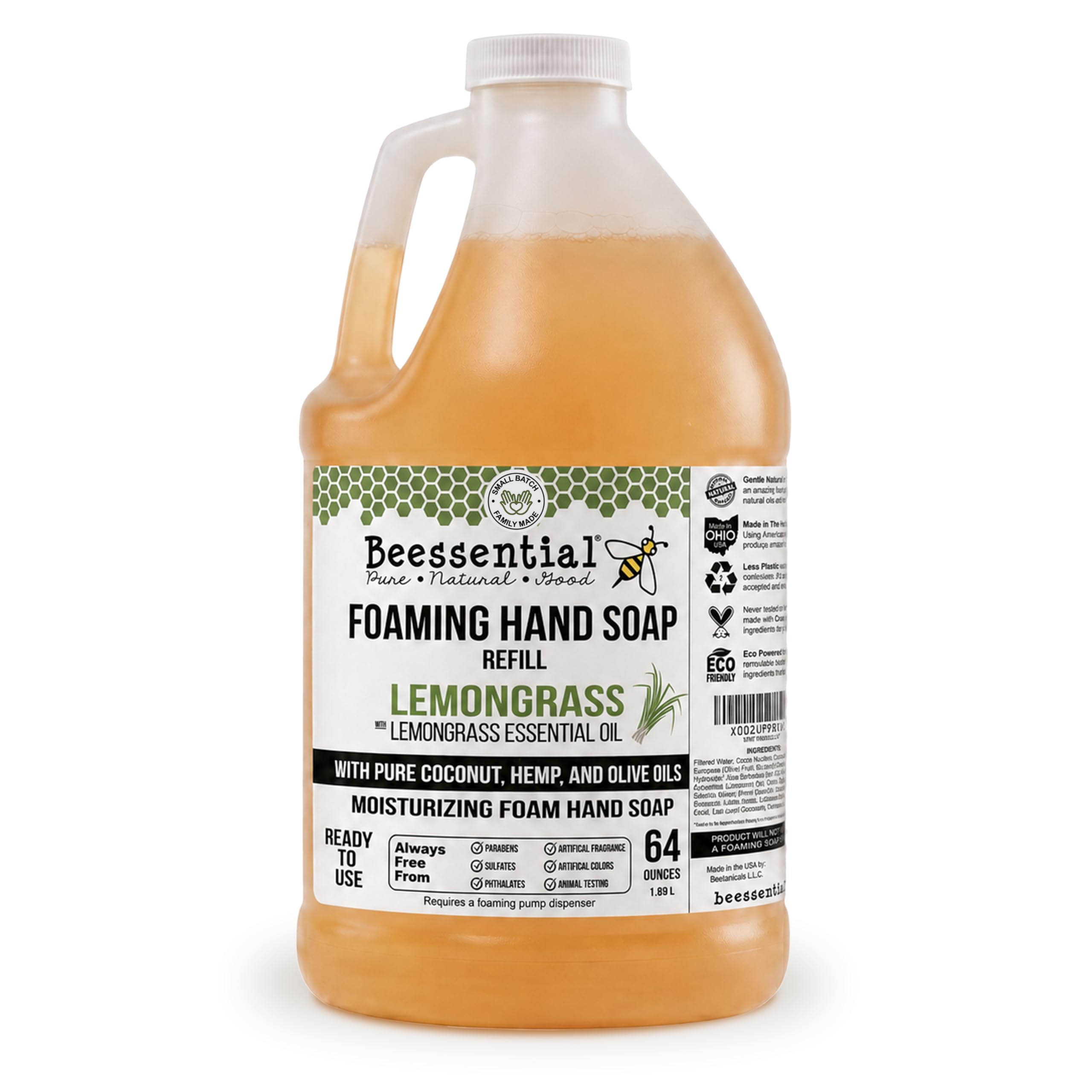 Beessential 64 oz lemongrass refill front label showing product name and benefits