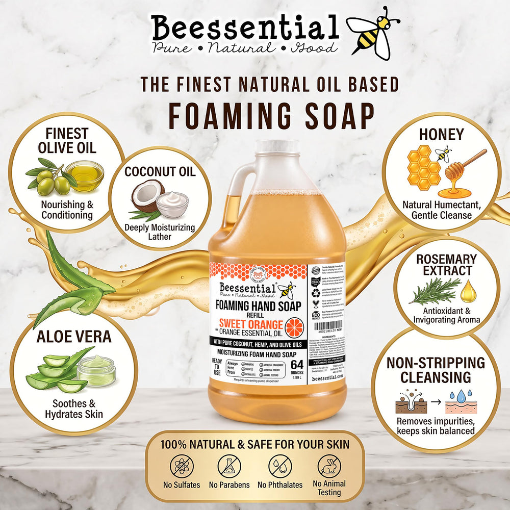 Beessential dispensing in bathroom lifestyle scene for family-friendly handwashing