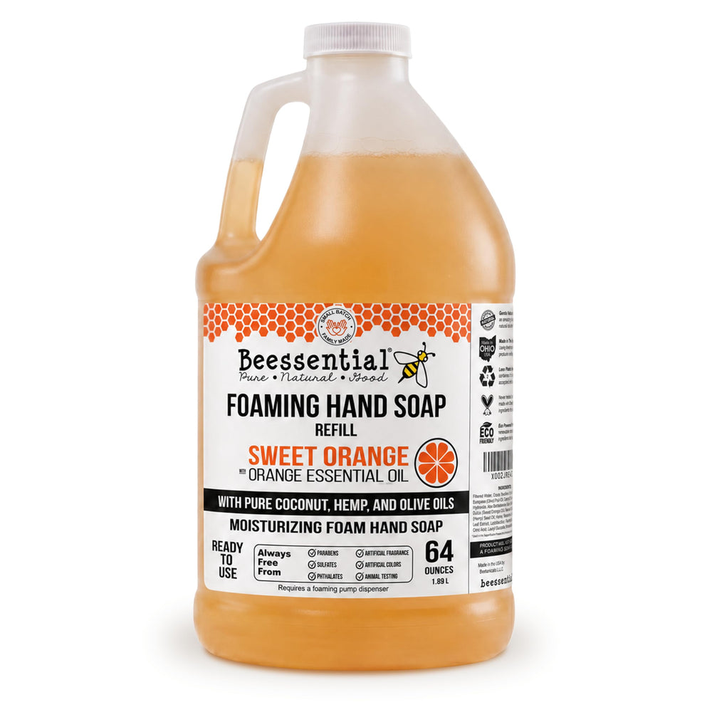Beessential orange front packaging showing 64 oz refill and natural benefits