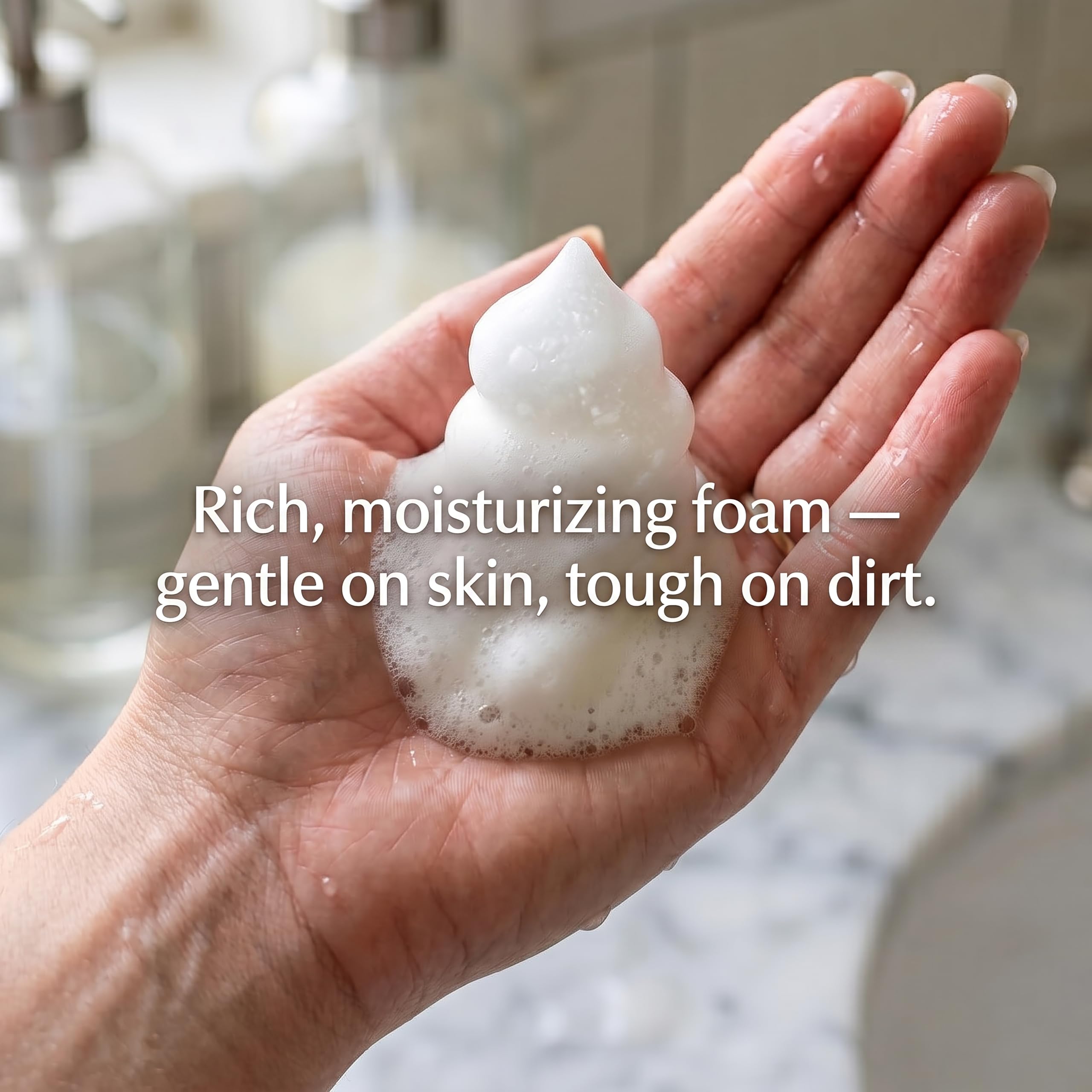 Beessential in use at kitchen sink offering moisturizing foam and clean hands