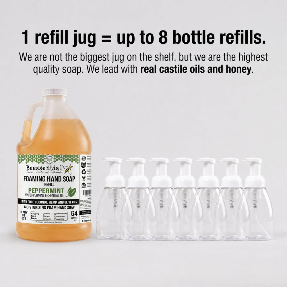 Beessential pouring refill into foamer showing easy transfer and waste reduction