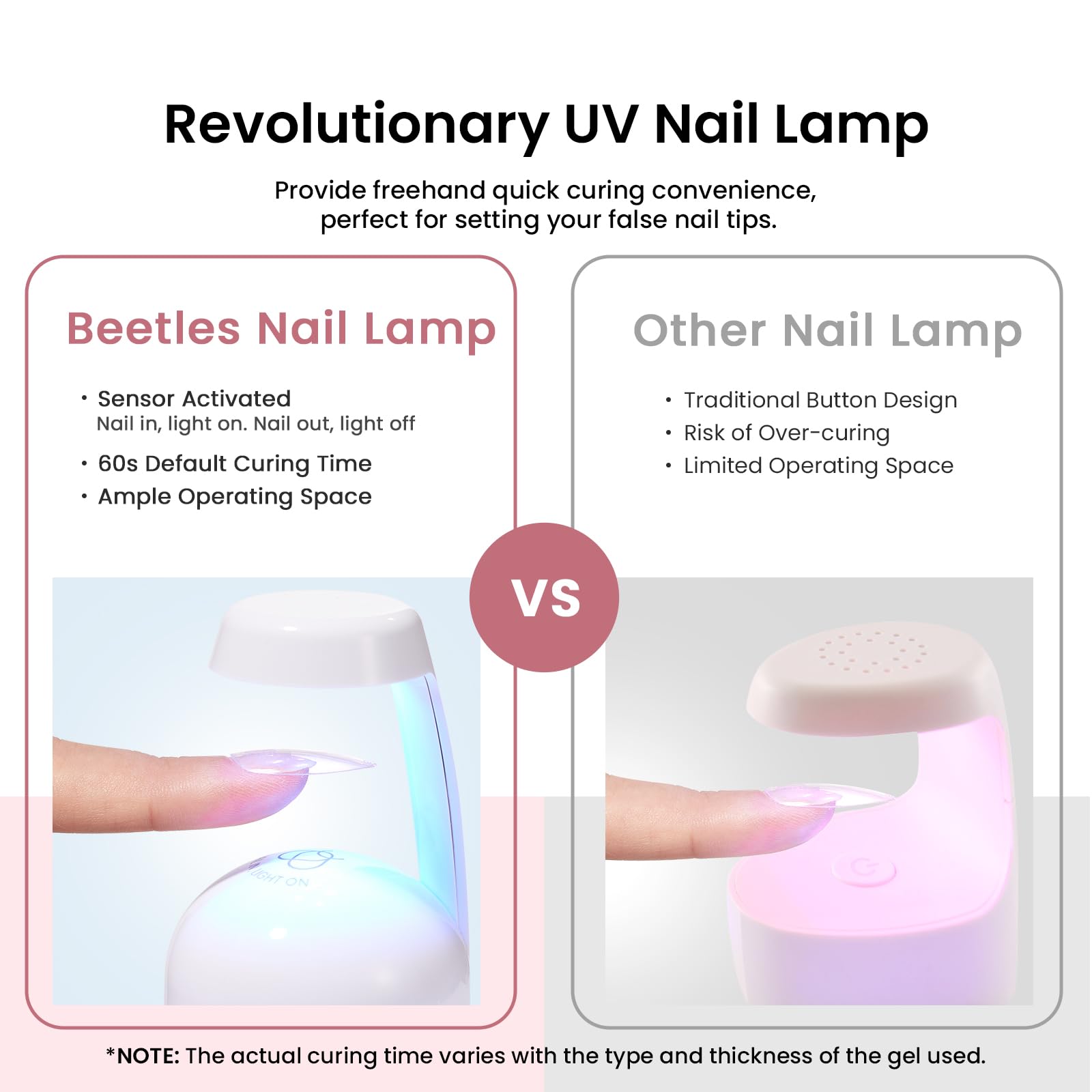 Beetles assembled short almond tips on hand with natural look