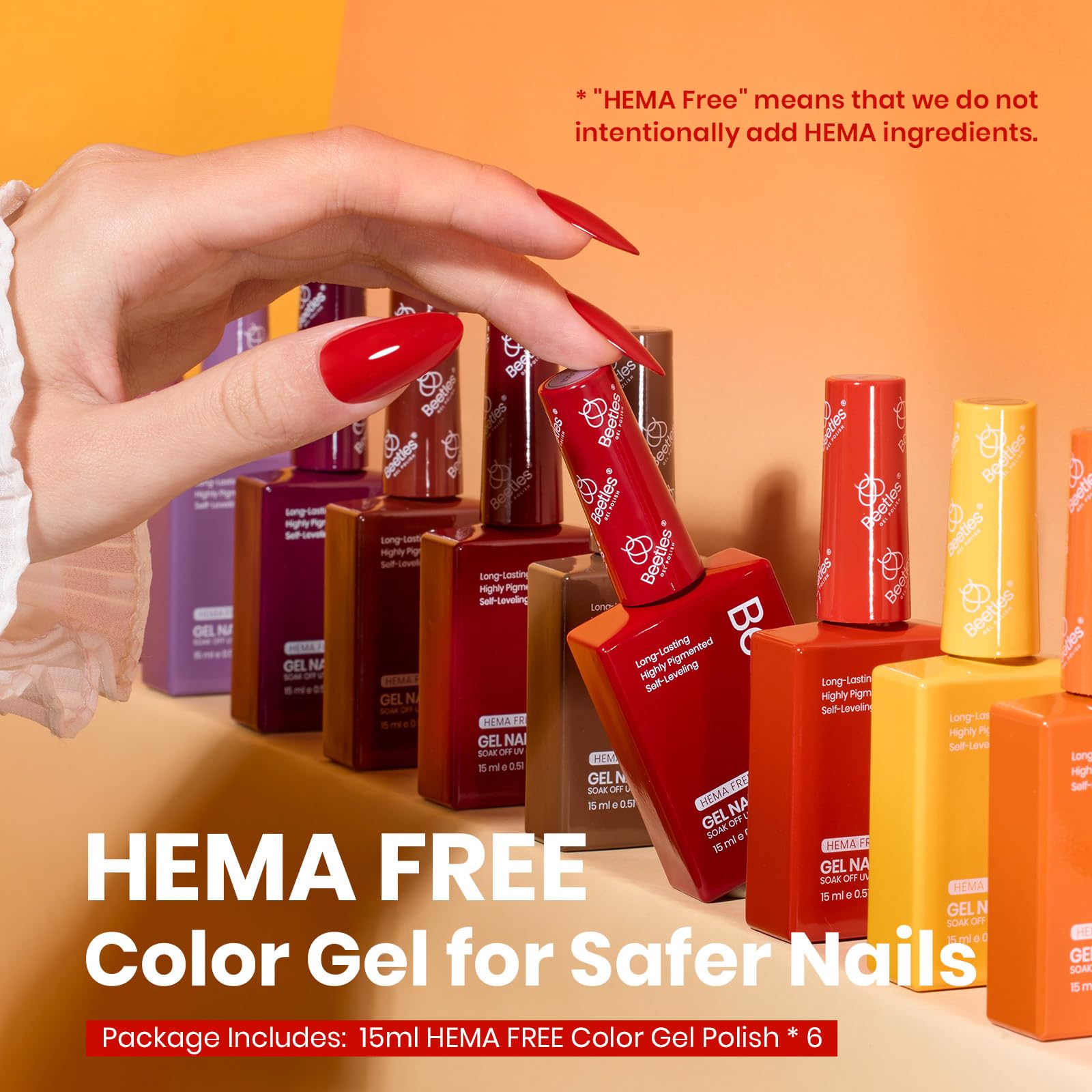 beetles bottle label closeup highlighting HEMA-free formula advantage