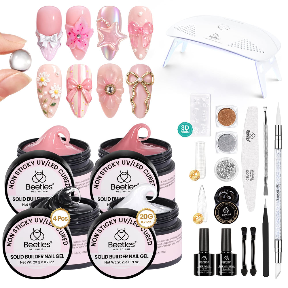 Beetles Gel Polish front packaging showing complete 8‑in‑1 builder gel kit benefits