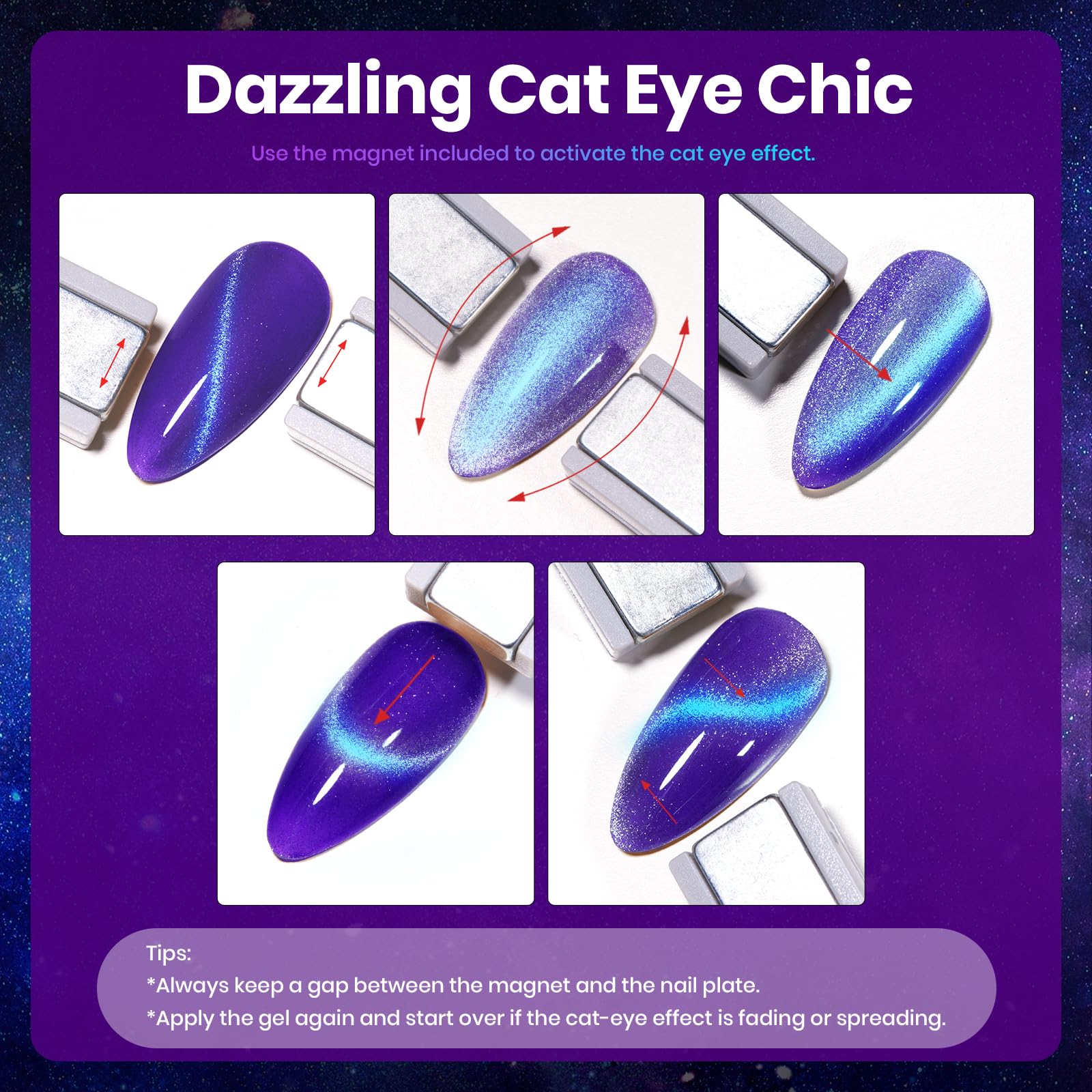 beetles gel polish magnet in use forming a precise cat-eye stripe for dramatic nails